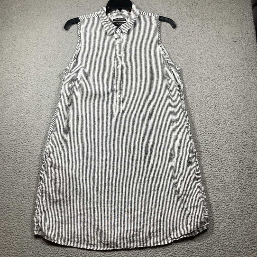 Tahari Knee Length Dress Women's Plus 1X Gray Stripe Sleeveless‎ Linen Popover
